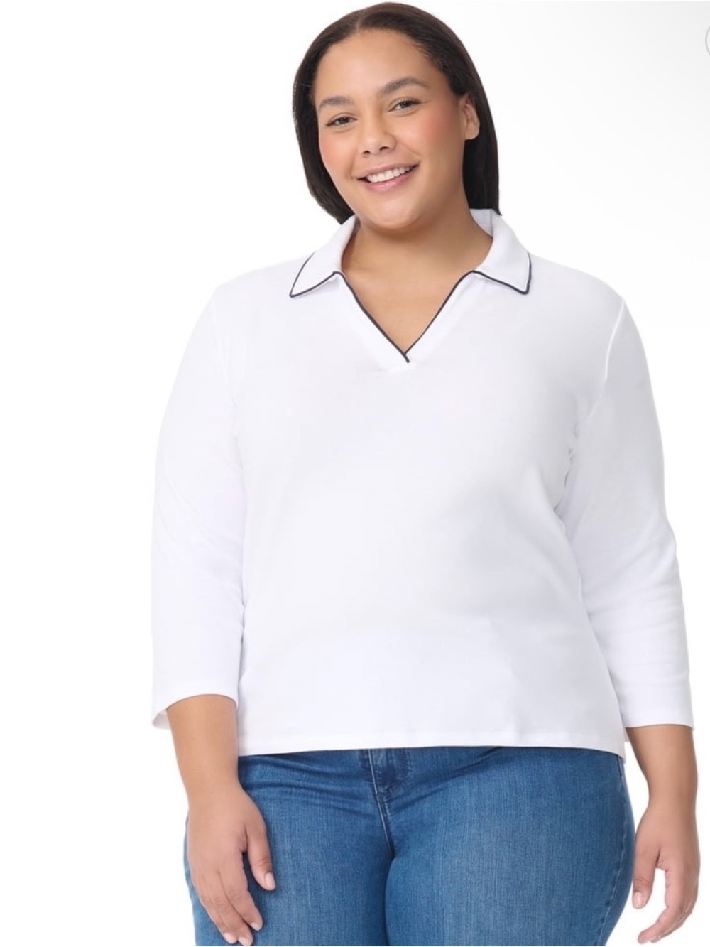 Gloria Vanderbilt Women’s Classic White V-Neck Polo Top Black Trim Size 3X NW